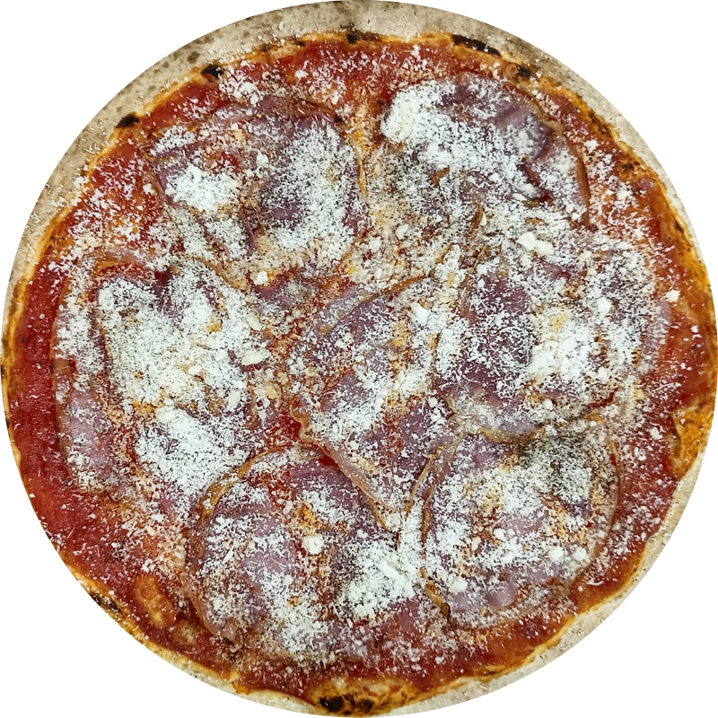 Chi Siamo Pizza amatriciana con guanciale croccante, pomodoro e pecorino su impasto artigianale