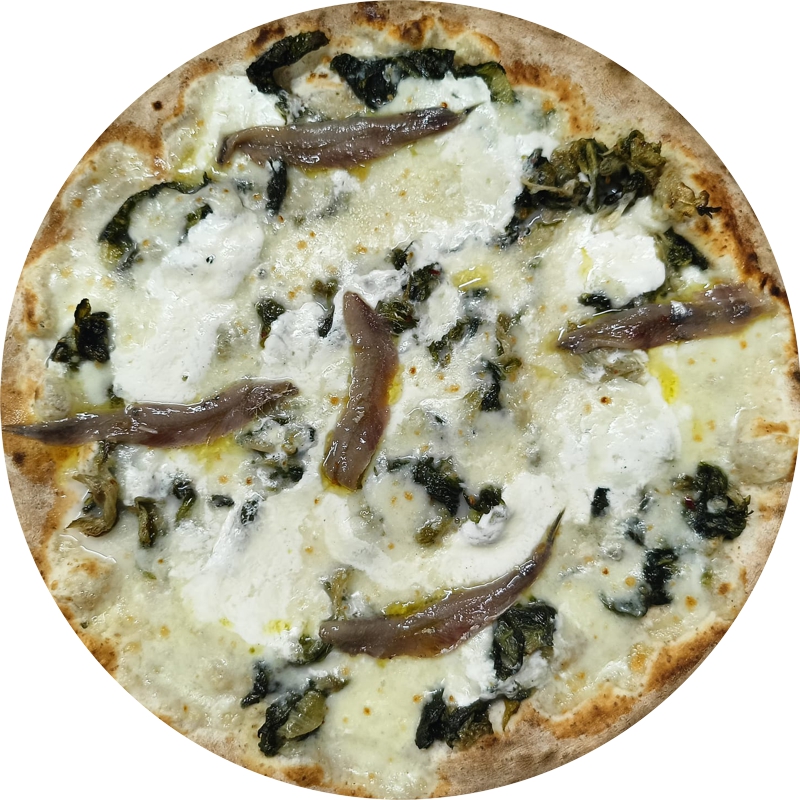 Chi Siamo Pizza con cicoria saltata e mozzarella su impasto artigianale